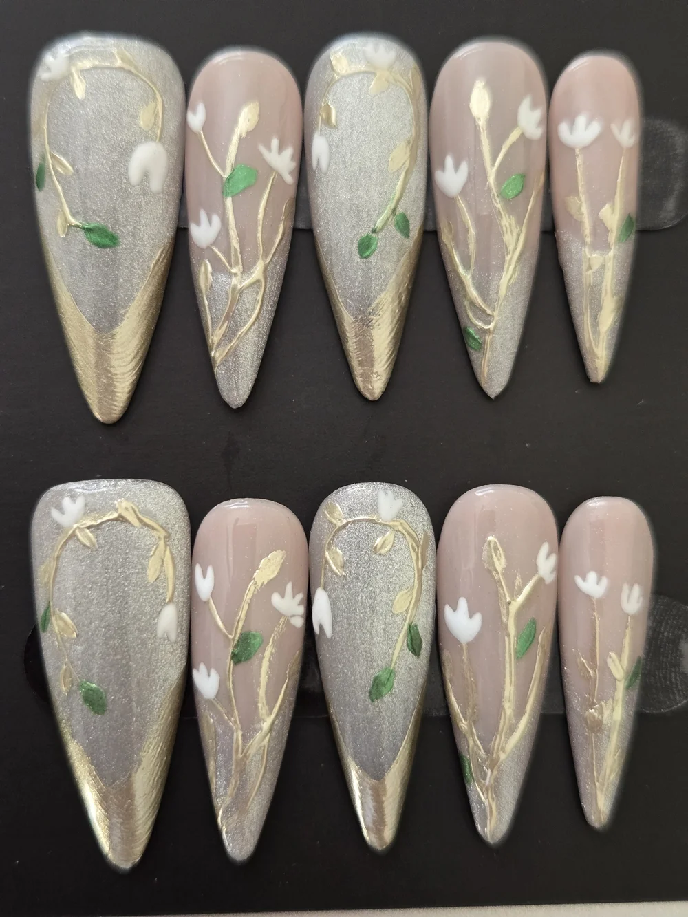 Hand Crafted Nude, Silver & Gold Floral Press-On Nails